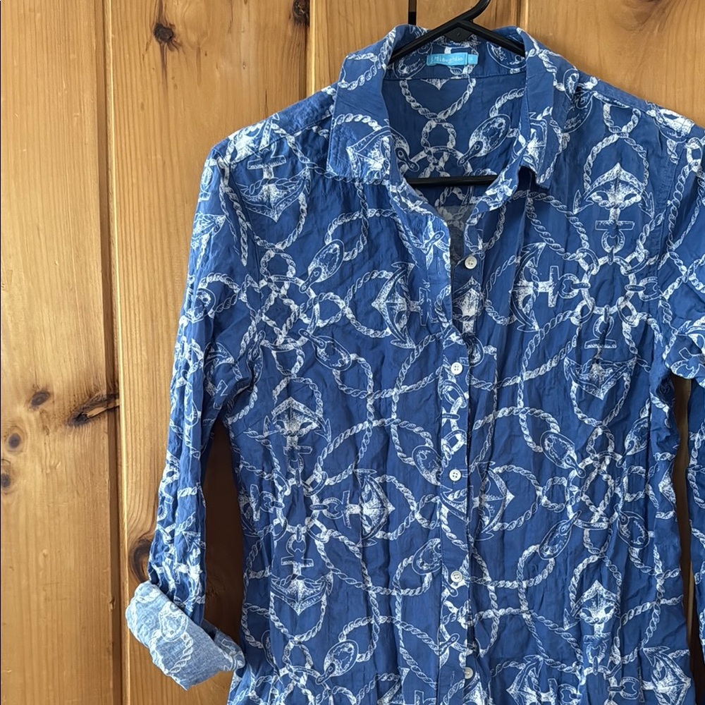 J. McLaughlin Blue and White Nautical Print Button-Up Shirt